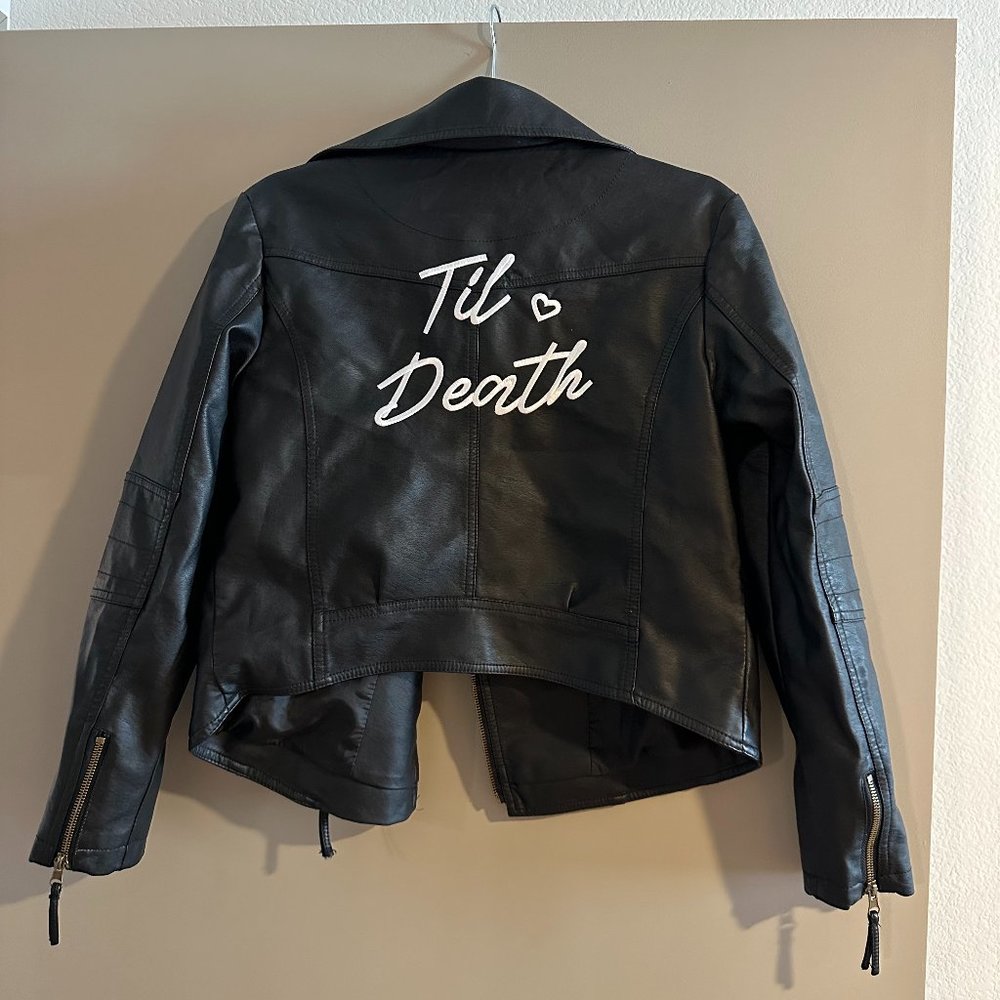 'Til Death' black vegan leather moto jacket, small